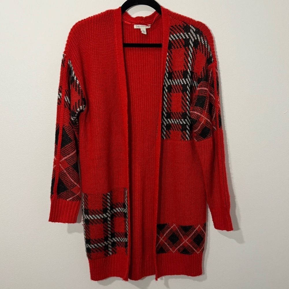 Cato Red Plaid Open-Front Knit Cardigan – Longline – Women’s Small (31” Length)